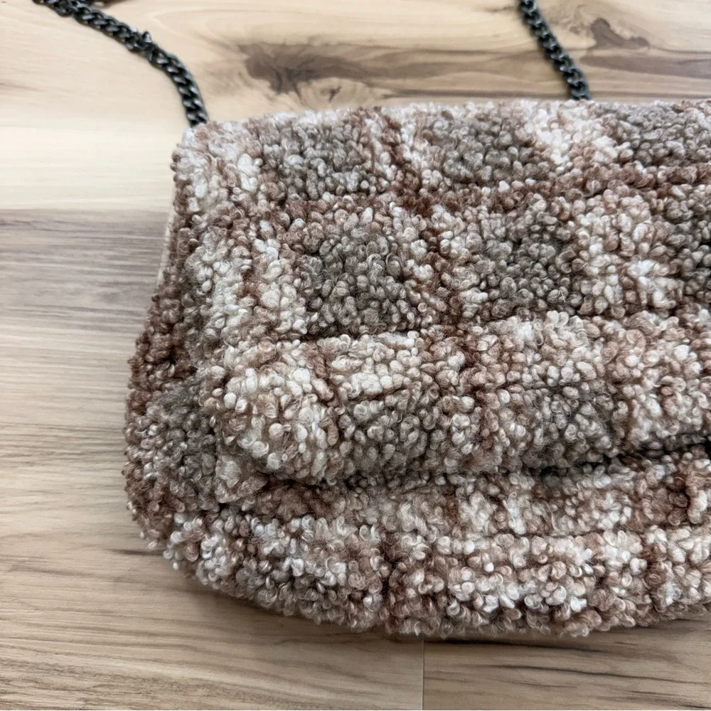 Zara Faux Fur Checkered Textured Brown Sherpa Women's Bag